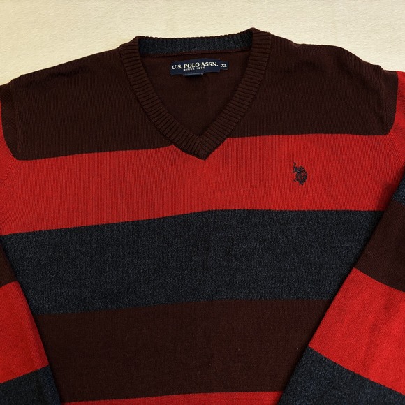 US Polo Assn Sweater Mens XL Striped Acrylic V-Neck Long Sleeve Pullover Casual - Picture 2 of 8